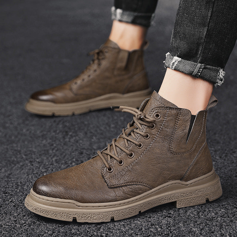 Men's high-top leather Martin boots in British style with sturdy soles and classic design, showcasing detailed craftsmanship.