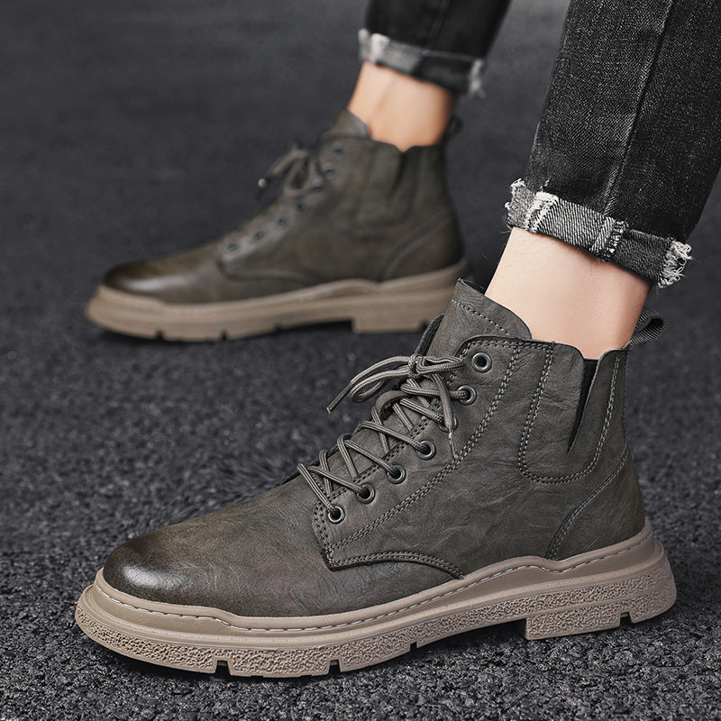 Men's high-top leather Martin boots in British style with rugged design and sturdy soles, by BACKUPMYFILESNOW.COM®.
