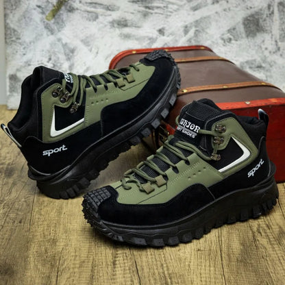 Men's outdoor hiking casual shoes by BackupMyFilesNow.com, light, anti-slip, wear-resistant, versatile climbing footwear in grey.