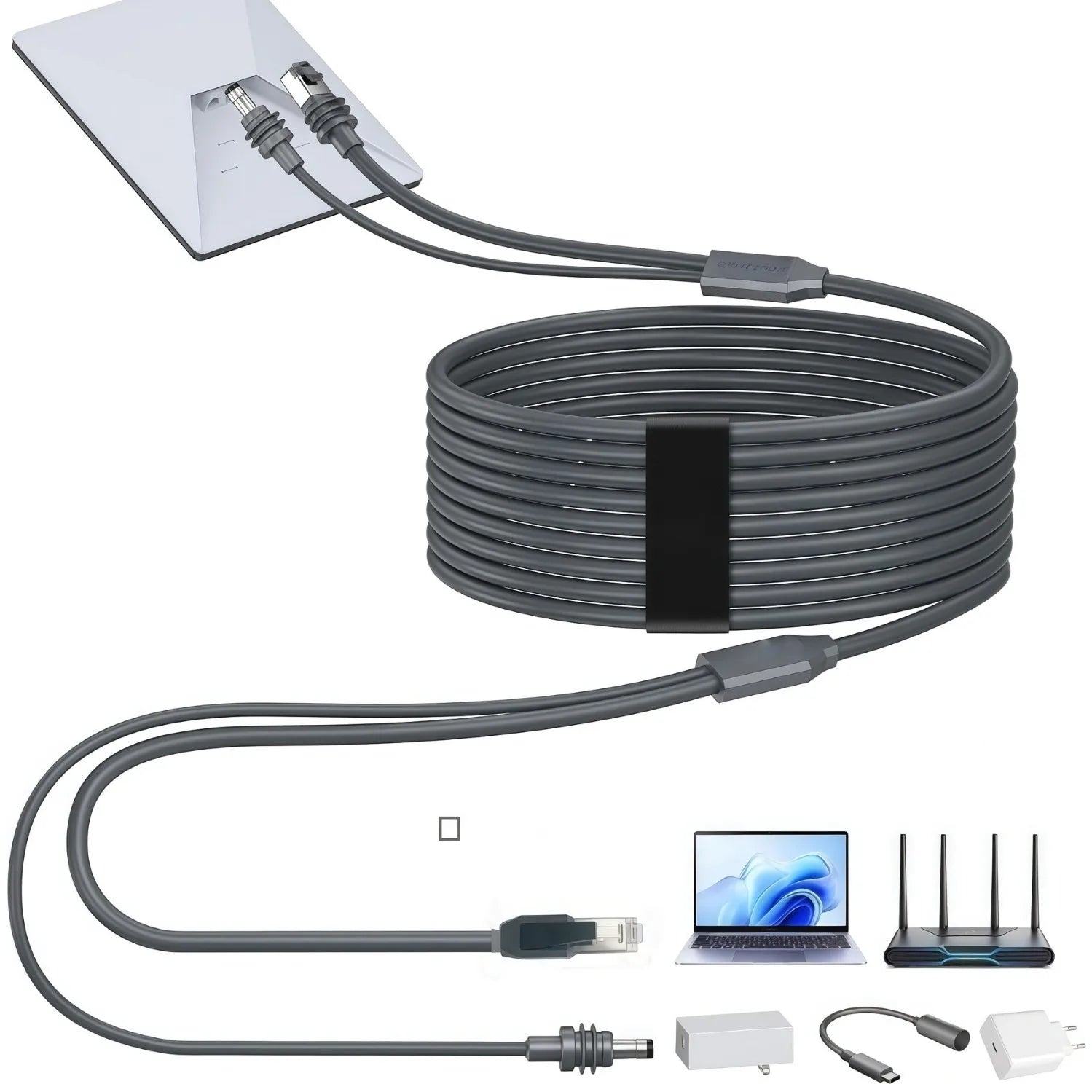 2-in-1 Starlink Mini cable from BACKUPMYFILESNOW.COM, 15m gray Ethernet and USB-C charging cable for Starlink mini.
