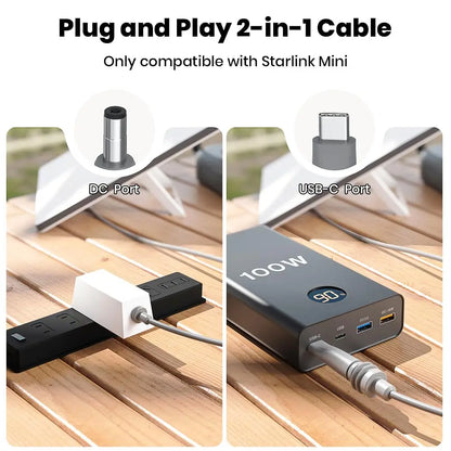 BackupMyFilesNow® 2-in-1 Starlink Mini cable with DC/USB C ports and Ethernet, 49.2ft/15m for power and internet connectivity.