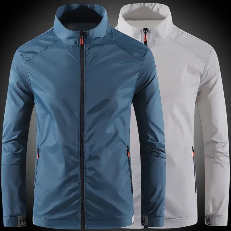 Grey men's breathable waterproof sunscreen coat with UV protection, suitable for outdoor fishing and summer sports.