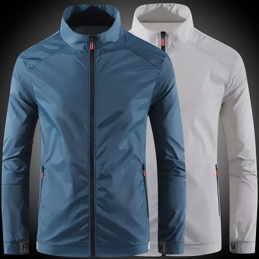 Grey men's breathable waterproof sunscreen coat with UV protection, suitable for outdoor fishing and summer sports.