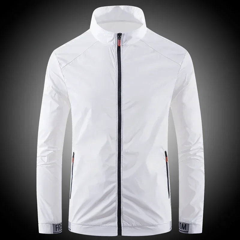 Men's breathable waterproof sunscreen coat in grey apricot, designed for summer outdoor activities like fishing, UV protection, and sports.