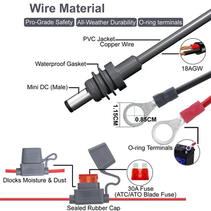 BackupMyFileSNOW® B84B 10ft 18AWG DC power cable with fuse holder for Starlink Mini, 12V-48V battery power input.