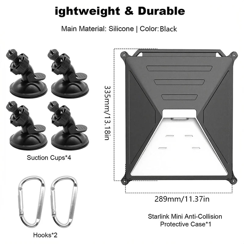 Grey silicone case for Starlink Mini with suction cups, anti-slip cover designed for RV, car roof mount, outdoor travel gear.