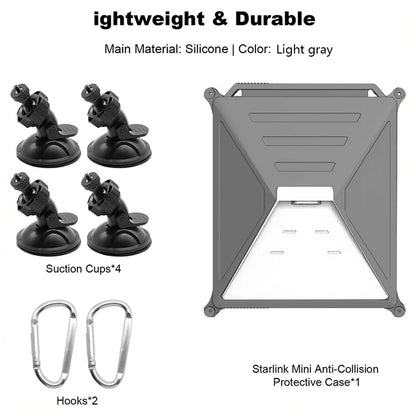Grey silicone case for Starlink Mini with suction cups, anti-slip cover designed for RV and outdoor travel roof mount kit.