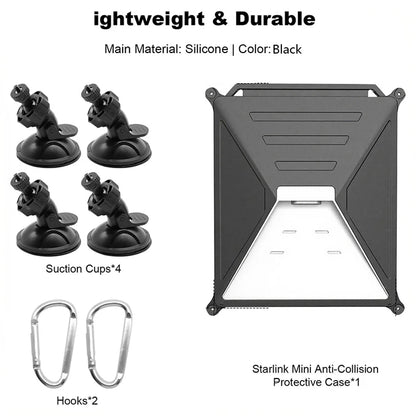 Grey silicone case for Starlink Mini with suction cups, anti-slip protective cover for RV, car roof mount, outdoor travel gear.