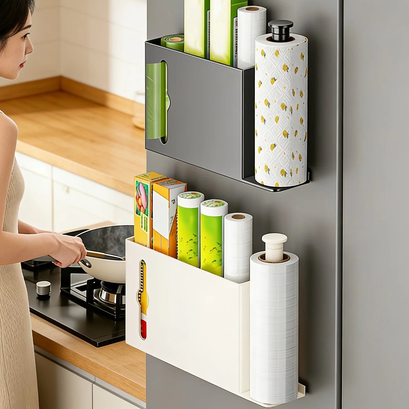 Gray space-saving paper towel rack by BACKUPMYFILESNOW.COM®, ideal for kitchen, bathroom, laundry for easy organization and storage.