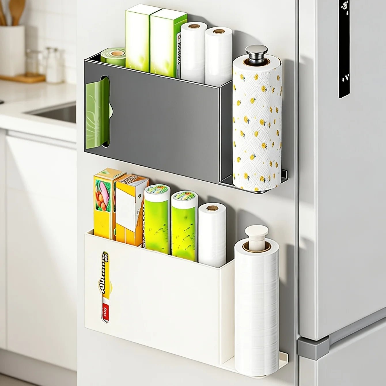 Grey space-saving paper towel rack by BACKUPMYFILESNOW.COM® for kitchen, bathroom, or laundry organization with practical design.