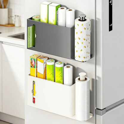 Grey space-saving paper towel rack by BACKUPMYFILESNOW.COM® for kitchen, bathroom, or laundry organization with practical design.