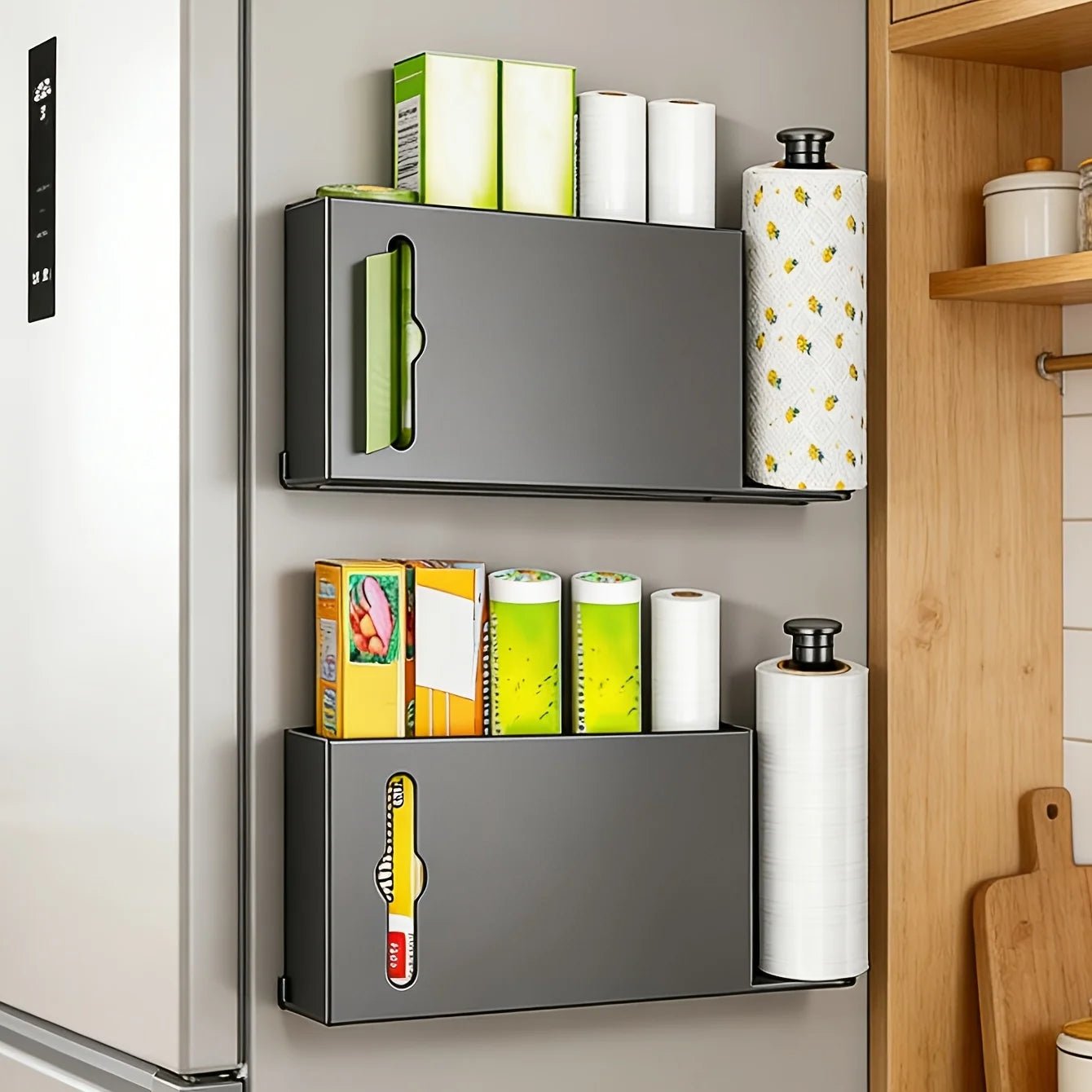 Gray space-saving paper towel rack by BACKUPMYFILESNOW.COM® for kitchen, bathroom, or laundry organization.