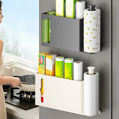 Grey space-saving paper towel rack by BACKUPMYFILESNOW.COM® for kitchen, bathroom, or laundry storage and organization.