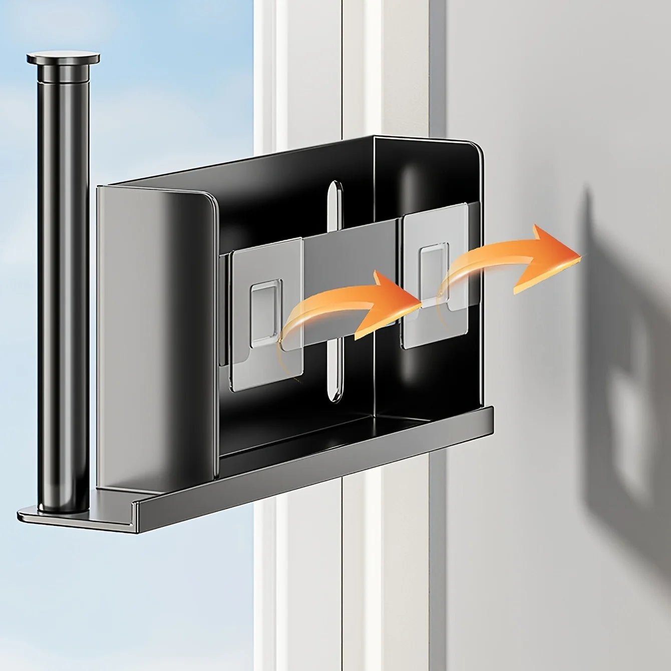 Grey space-saving paper towel rack by BACKUPMYFILESNOW.COM®, practical kitchen and bathroom storage holder for daily organization.