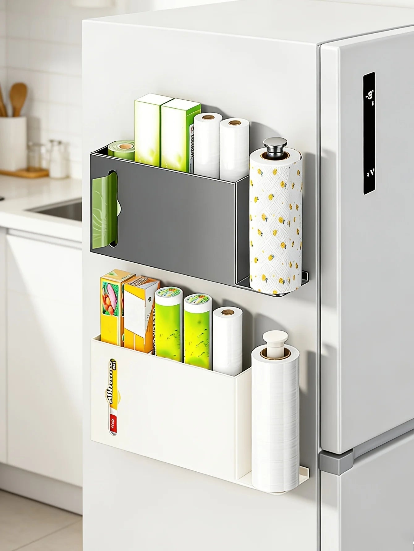 Grey space-saving paper towel rack by BACKUPMYFILESNOW.COM® mounted on kitchen or bathroom wall for practical organization.