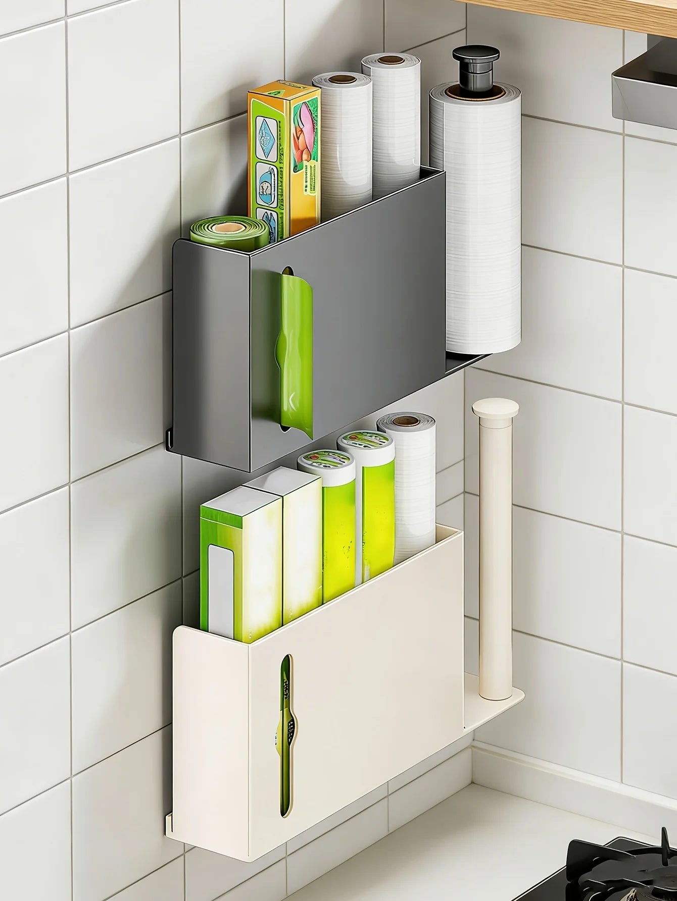 Grey space-saving paper towel rack from BACKUPMYFILESNOW.COM®, ideal for kitchen, bathroom, or laundry storage organization.