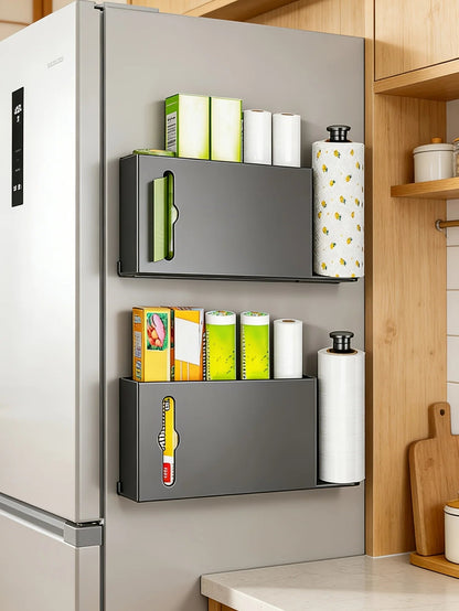 Gray space-saving paper towel rack by BACKUPMYFILESNOW.COM® for kitchen, bathroom, or laundry organization with practical design.