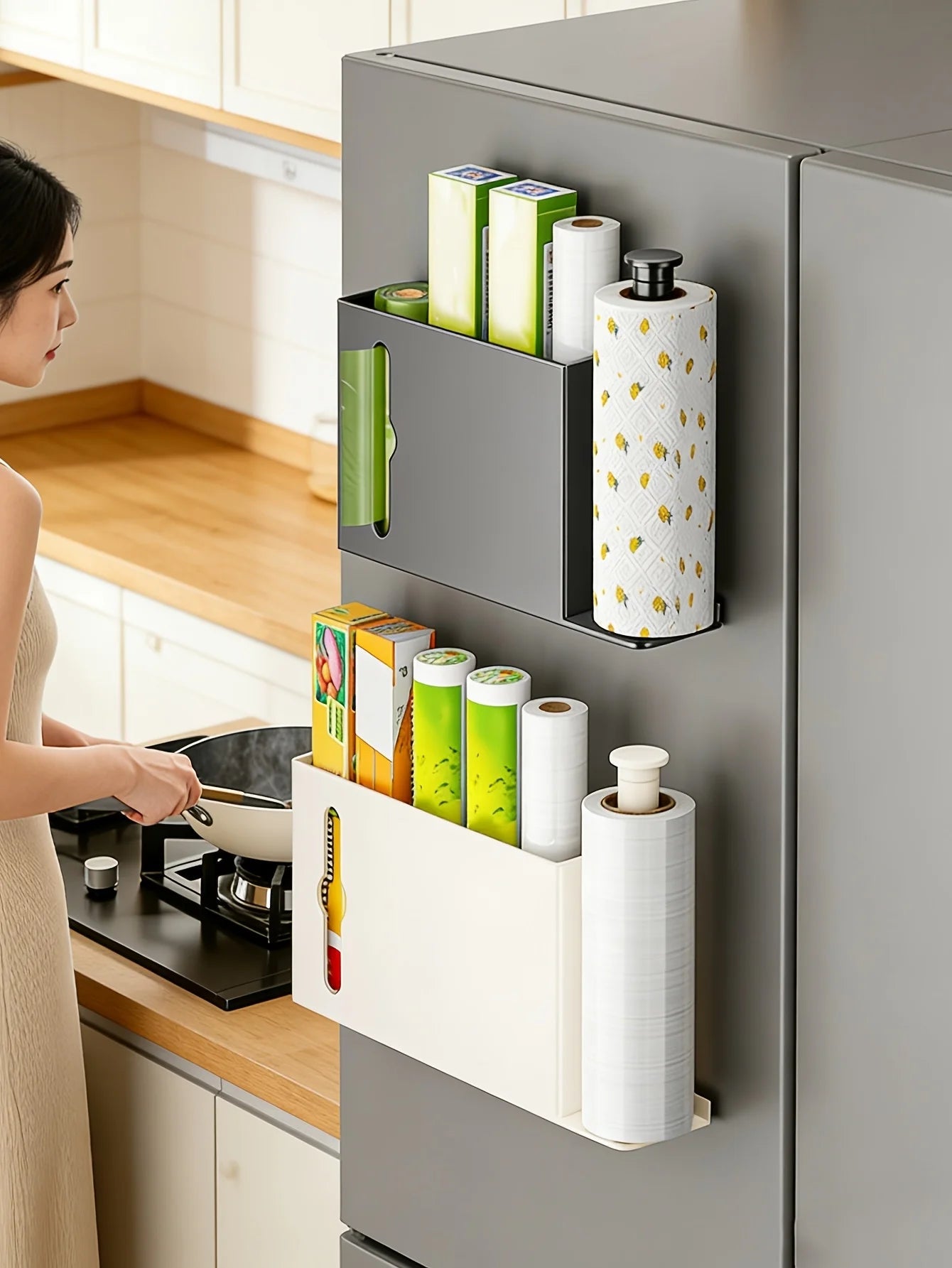 Gray space-saving paper towel rack by BACKUPMYFILESNOW.COM® for kitchen, bathroom, or laundry storage and organization.