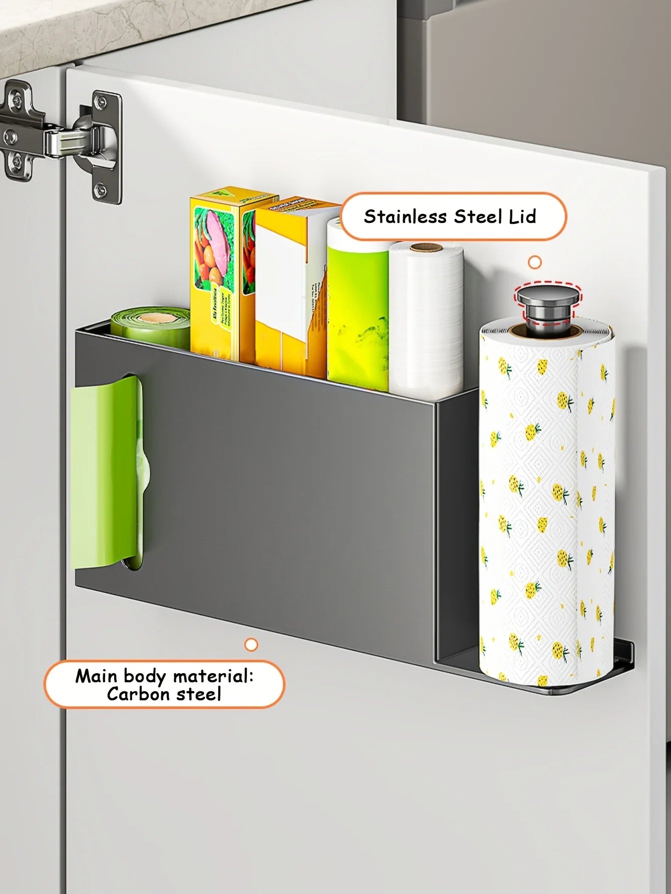 Gray space-saving paper towel rack by BACKUPMYFILESNOW.COM® for kitchen, bathroom, or laundry organization.