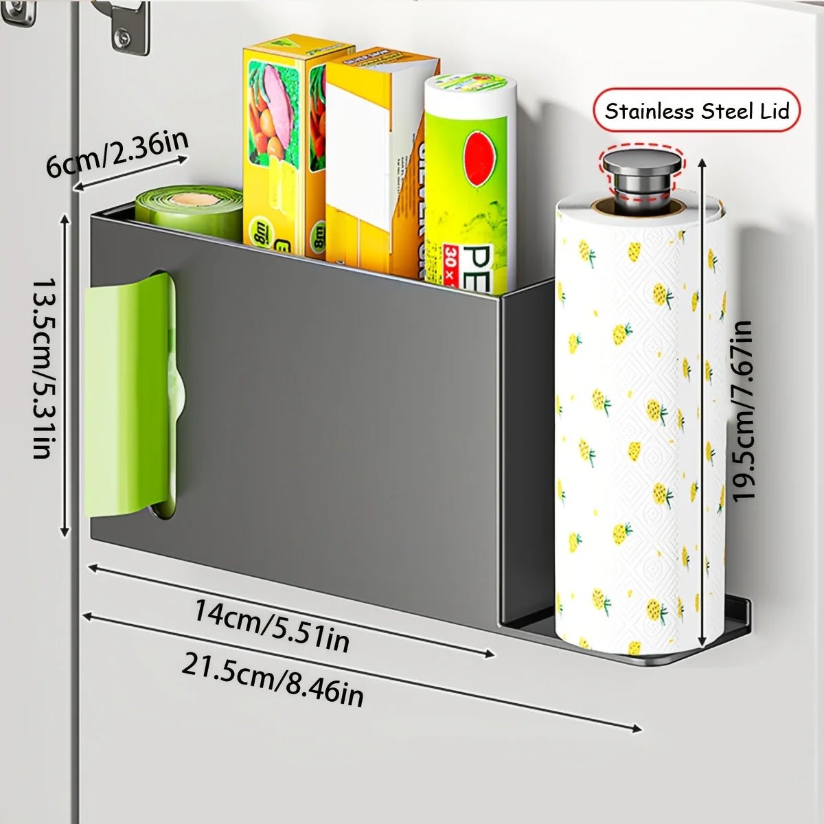 Gray space-saving paper towel rack from BACKUPMYFILESNOW.COM®, designed for kitchen, bathroom, or laundry organization.