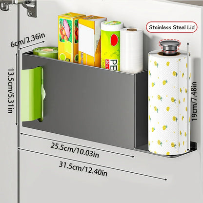 Grey space-saving paper towel rack from BACKUPMYFILESNOW.COM®, practical kitchen and bathroom storage holder for daily organization.