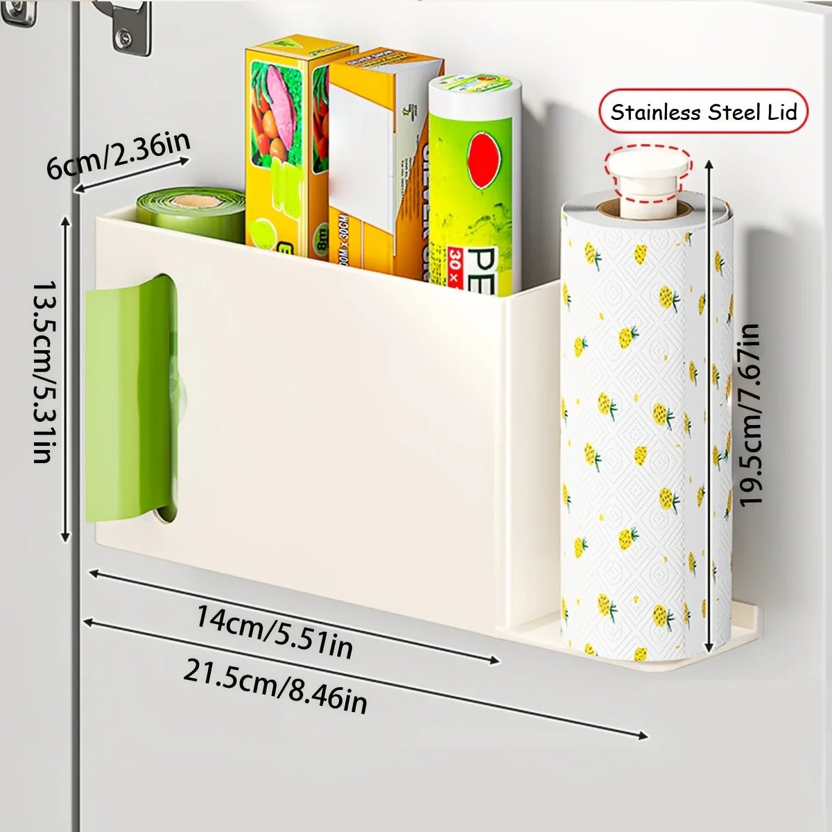 Gray space-saving paper towel rack by BACKUPMYFILESNOW.COM®, designed for kitchen, bathroom, or laundry organization.