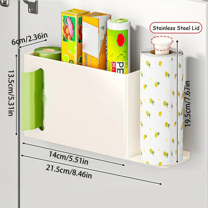 Gray space-saving paper towel rack by BACKUPMYFILESNOW.COM®, designed for kitchen, bathroom, or laundry organization.