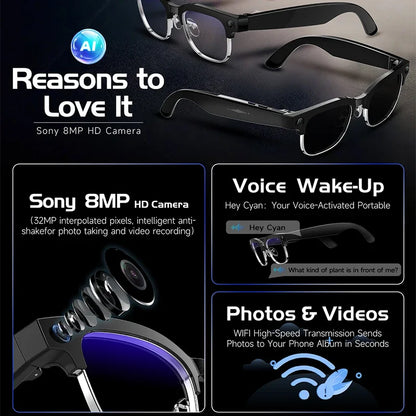 Gray smart glasses with 800W camera, AI photo recognition, Bluetooth calls, voice translation, and video recording features.