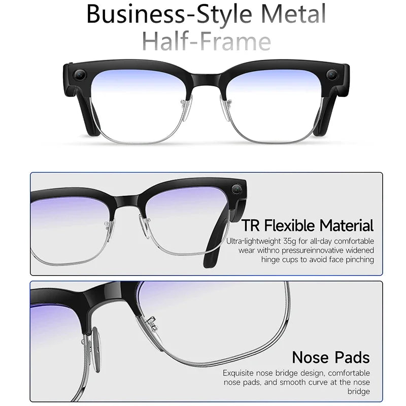 Grey smart glasses with 800W camera, AI photo recognition, Bluetooth calls, video recording, and voice translation features.