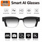 Grey smart glasses with 800W camera, video recording, AI photo recognition, Bluetooth calls, and voice translation features.