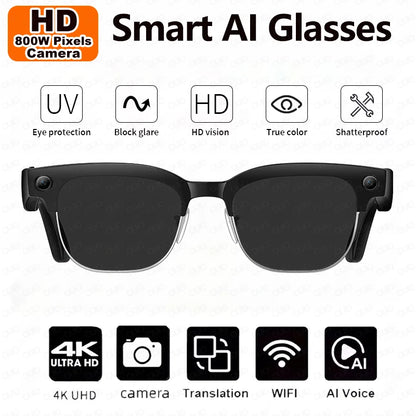 Gray smart glasses with 800W camera, AI photo recognition, Bluetooth calls, voice translation, and video recording features.
