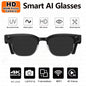 Gray smart glasses with 800W camera, AI photo recognition, Bluetooth calls, voice translation, and video recording features.