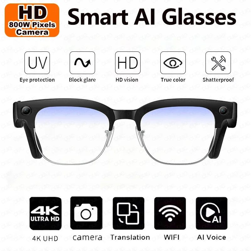 Grey smart glasses with 800W camera, video recording, AI photo recognition, Bluetooth calls, and voice translation features.