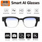 Grey smart glasses with 800W camera, video recording, AI photo recognition, Bluetooth calls, and voice translation features.