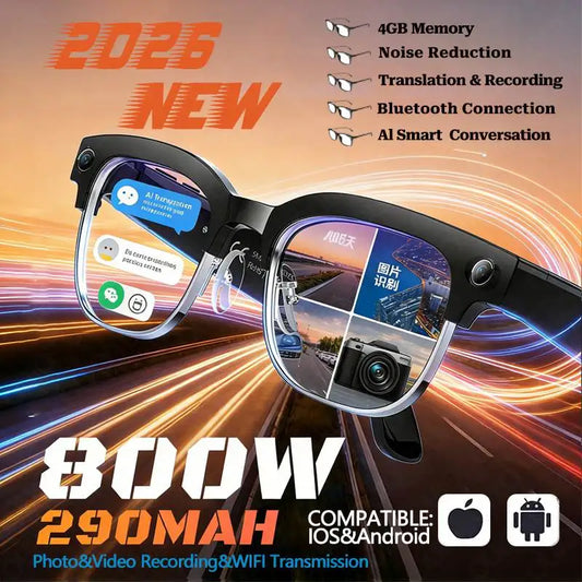Grey smart glasses with 800W camera, video recording, AI photo recognition, Bluetooth calls, voice translation, and sleek sunglasses design.