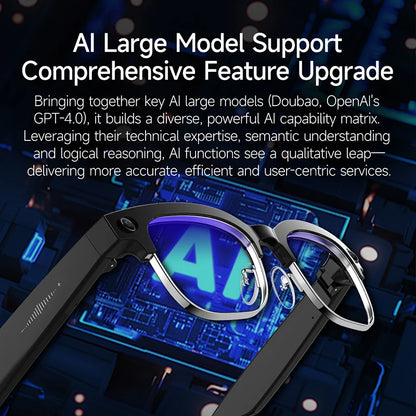 Gray smart glasses with 800W camera, AI photo recognition, Bluetooth calls, voice translation, and video recording features.