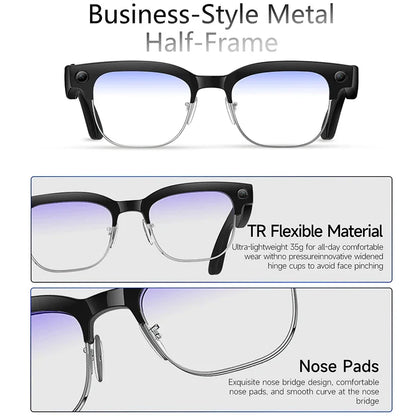 Grey smart glasses with 800W camera, video recording, AI photo recognition, Bluetooth, voice translation, and call functionality.