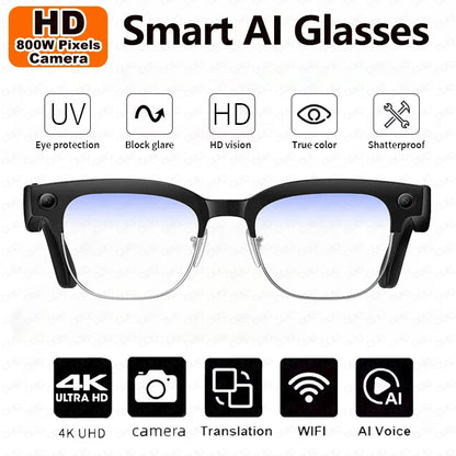 Grey smart glasses with 800W camera, video recording, AI photo recognition, Bluetooth calls, and voice translation features.