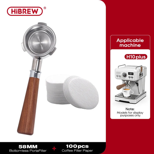 HiBREW 51mm and 58mm bottomless portafilter with filter basket for espresso machines, barista tool, H10A, H10B, H7A, H10 Plus