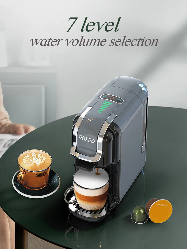 HiBREW 5-in-1 capsule coffee machine with hot and cold options, featuring Nespresso, Dolce Gusto, ESE pods, and ground coffee.
