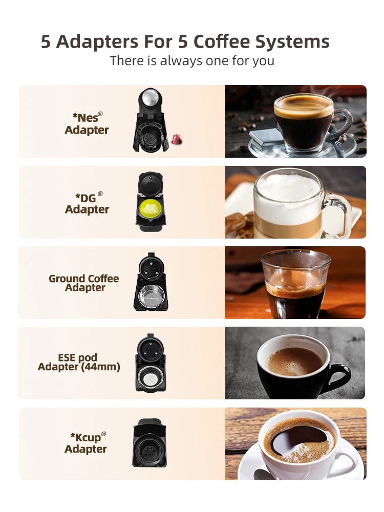 HiBREW 5-in-1 capsule coffee machine with hot and cold settings, Nespresso, Dolce Gusto, ESE pods, and ground coffee options.