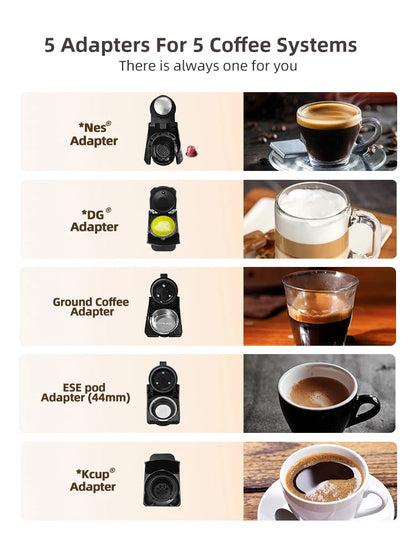 HiBREW 5-in-1 capsule coffee machine with hot and cold settings, Nespresso, Dolce Gusto, ESE pods, and ground coffee options.