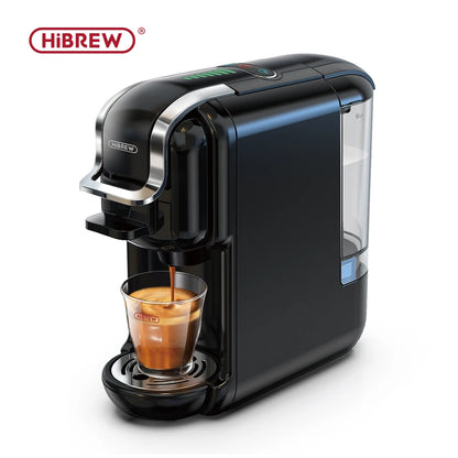 HiBREW 5-in-1 capsule coffee machine for hot and cold drinks, compatible with Dolce Gusto, Nespresso, ESE pods, and ground coffee.