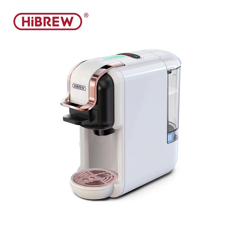 HiBREW 5-in-1 capsule coffee machine with hot/cold options, Nespresso and Dolce Gusto capsules, 20-bar pressure, in a modern kitchen setting.