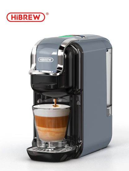 HiBREW 5-in-1 capsule coffee machine with hot and cold functions, compatible with Nespresso, Dolce Gusto, ESE pods, and ground coffee.