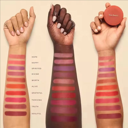 Rare Beauty cream to powder matte blush with bouncy, cushiony texture, long-lasting, waterproof, sweatproof, brightening natural flush.