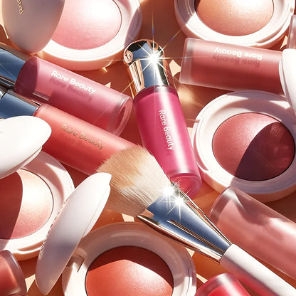 Rare Beauty Creamy Powder Blush with soft focus luminous glow, lightweight buildable pigment, perfect for rosy cheeks.