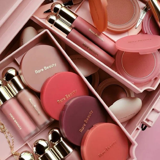 Rare Beauty creamy powder blush with soft focus luminous glow, rosy finish, lightweight, buildable, long-lasting cheek makeup.