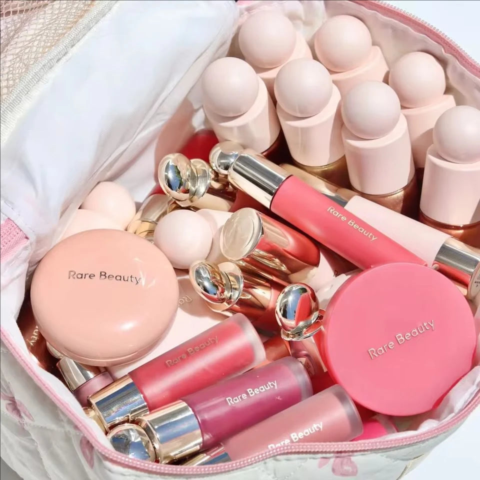 Rare Beauty powder blush makeup set with matte finish, featuring liquid and powder blushes for easy application and lasting hydration.