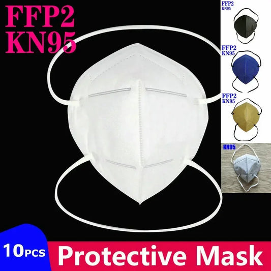 Black and white FFP2 KN95 mask with headband, 5-layer filter, respirator design for adult face protection.